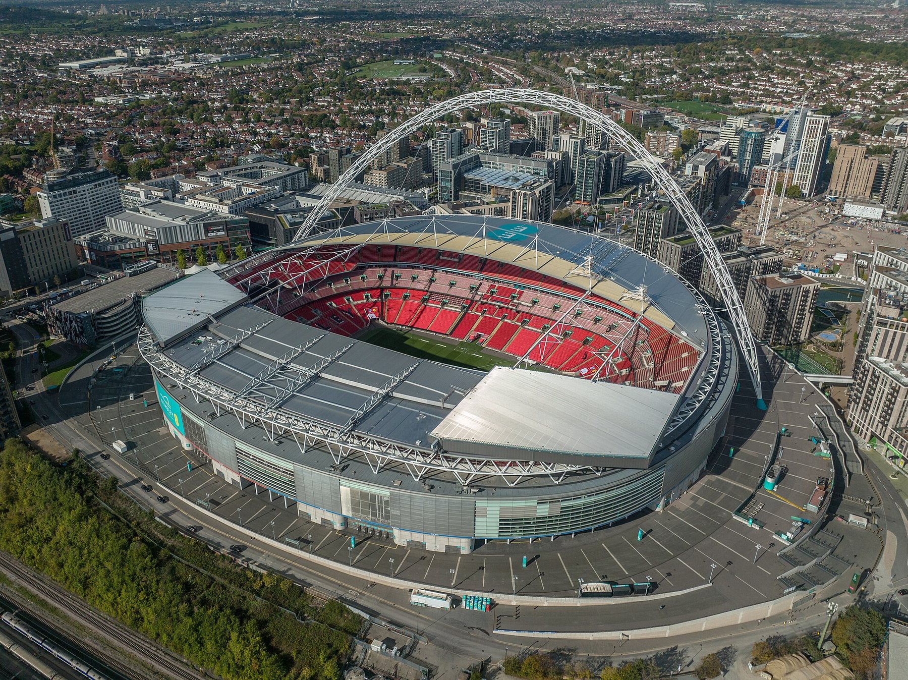 Home Wembley Stadium seen across the neighbourhood rooftops